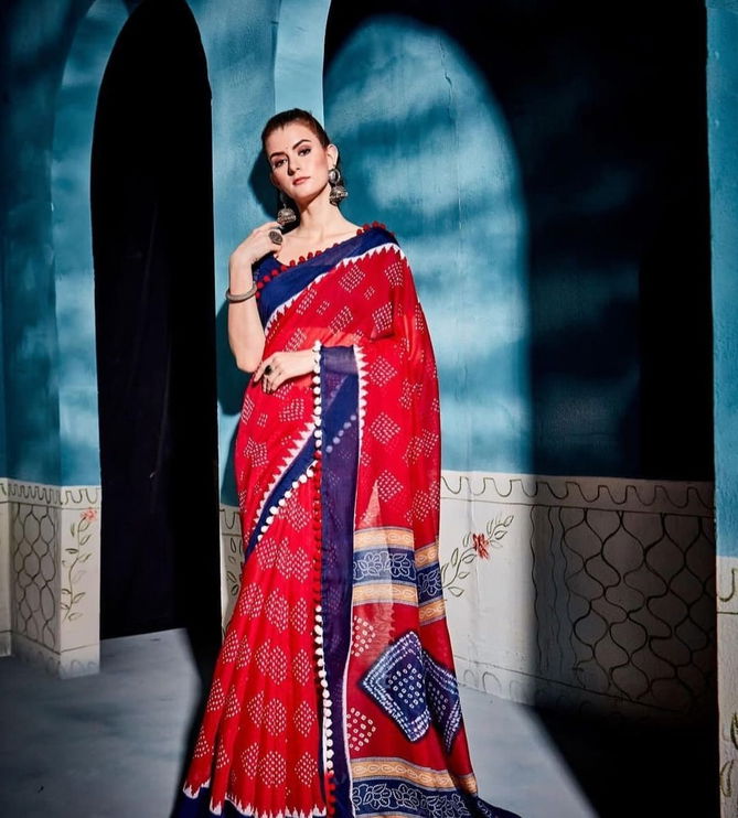 Imported Cotton Pompom Pochampally 4 Printed Wholesale Daily Wear Sarees Catalog
